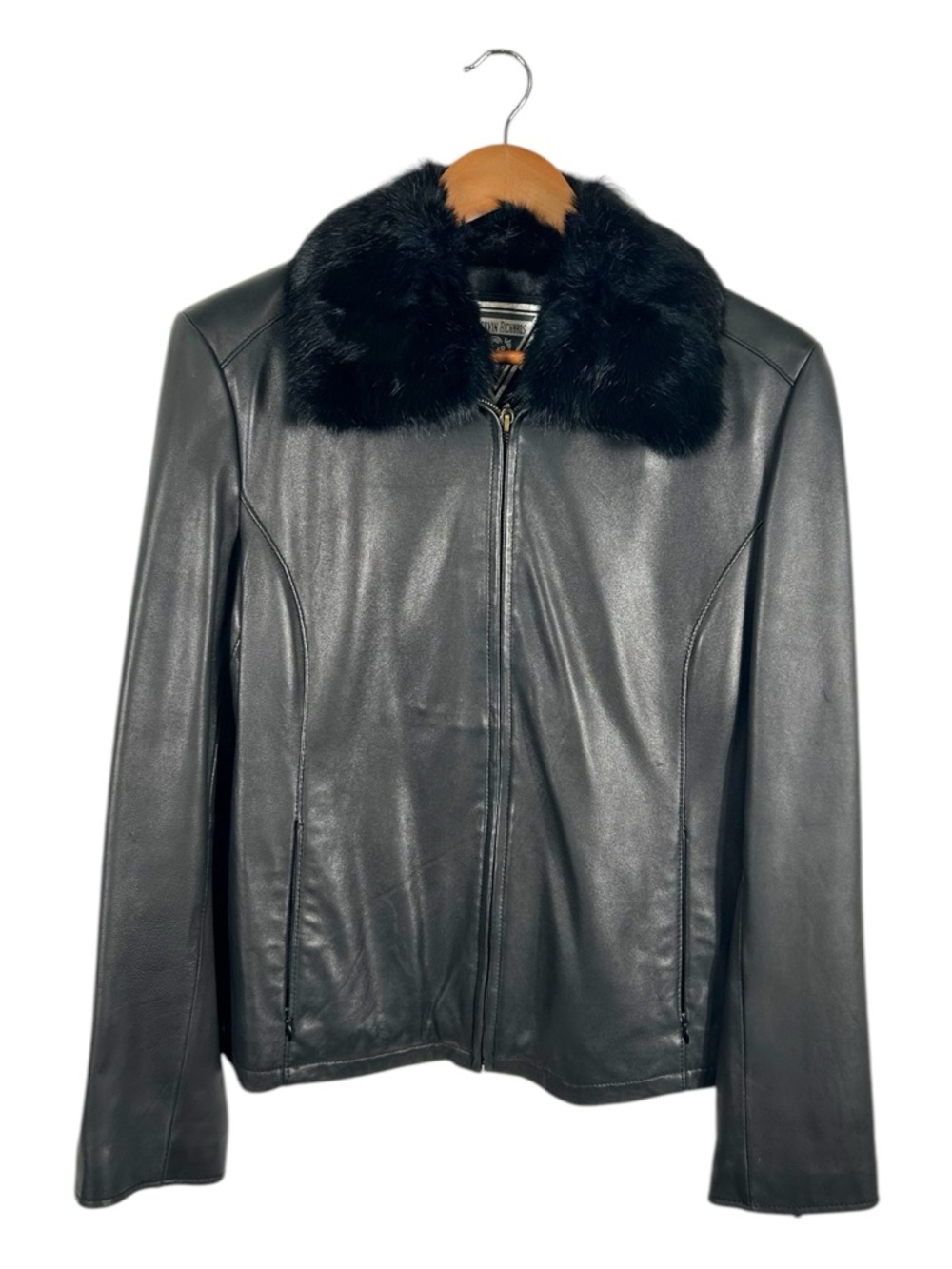 Vintage Marvin‎ Richards Black Genuine Leather Jacket with Fox Fur Collar
